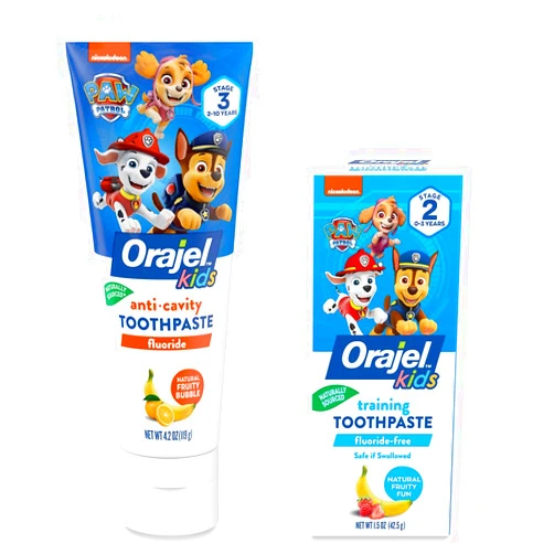 Orajel Kids Paw Patrol Fluoride-Free Training Toothpaste, Fluoride-Free Toothpaste, 1.5oz Tube with Orajel Kids Paw Patrol Anti-Cavity Fluoride Toothpaste, Natural Fruity Bubble Flavor, 4.2oz Tube