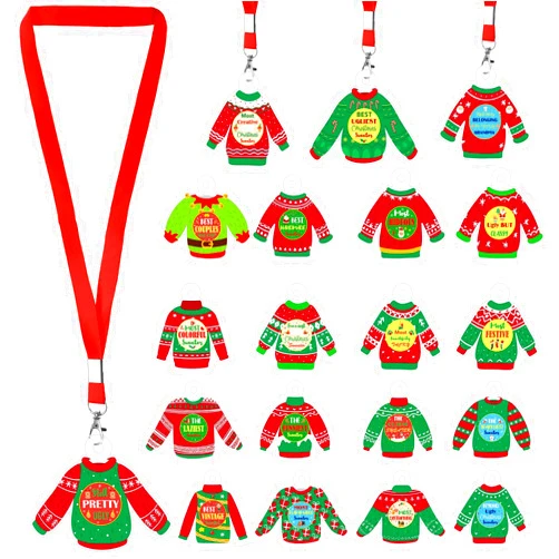 Woanger 20 Pcs Ugly Christmas Sweater Prize Acrylic Ugly Sweater Contest Prizes 20 Pcs Neck Ribbon for Xmas Party Supplies Hanging Christmas Ornament, 20 Styles, 3.15 Inches