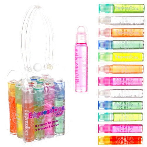 Expressions girl 12pc Roll On Lip Gloss Set with Carrying Case, Glossy Lip Make-up for Kids and Teens - Fruity Flavors, Non Toxic, Kid Friendly, Party Gift, Best Friends