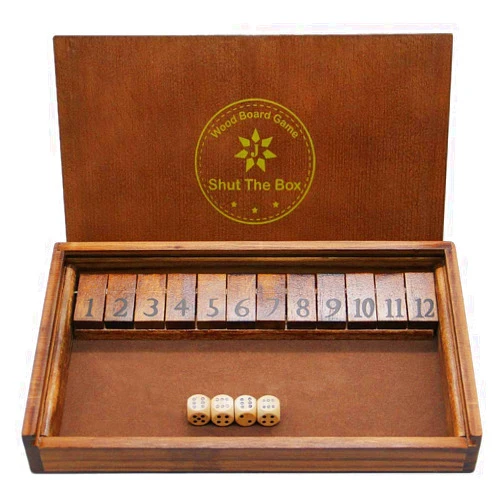 Juegoal Shut The Box Wooden Board Dice Game with 12 Numbers and Lid for Kids Adults Families, 2 Players and Up