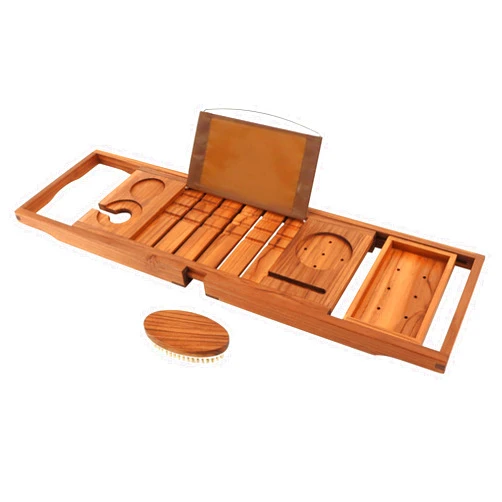 VaeFae Premium Teak Bathtub Tray, Expandable Wooden Bath Tray for Tub, Luxury Bathtub & Bathroom Accessories, Great House Warming, Anniversary & Wedding and Birthday Gifts (Free Teak Body Brush)