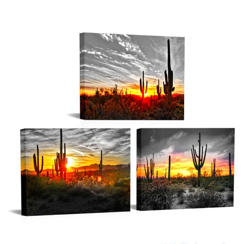 OuElegent 3 Panel Beautiful Sunset with Saguaros Landscape Canvas Wall Art Sonoran Desert Picture Gallery Wrapped Botanical Cactus in Arizona Artwork Print on Canvas for Home Office Decor