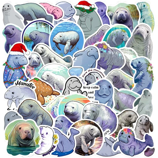 Jaurney Cute Manatee Waterproof Stickers for Water Bottle, 50PCS Jaurney Kawaii Manatee Vinyl Stickers for Laptop, Skateboard, Ocean Animal Stickers for Kids,Teens, Adults, Party Supplies