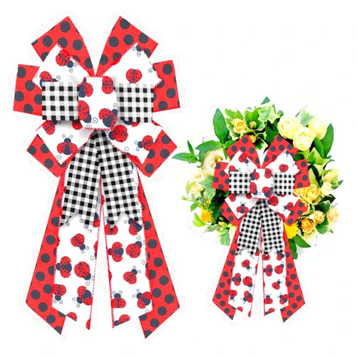 Heureppy Large Spring Ladybug Wreath Bow Spring Ladybird Red Black Spots Dots Bows for Wreaths, White Black Plaid Ribbon Bows Tree Topper Bows for Spring Home Indoor Outdoor Decoration Wreath Ornament Supplies