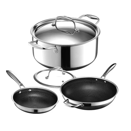HexClad 5-Piece Hybrid Cookware Bundle with Nonstick 5-Quart Dutch Oven, 8-Inch Fry Pan with Lid & 12-Inch Wok