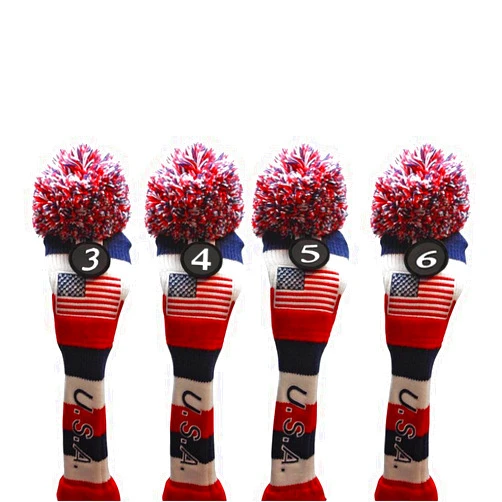 USA Knit Headcover USA Majek Golf 3 4 5 6 Hybrid Set Headcovers Pom Pom Knit Limited Edition Vintage Classic Traditional Flag Stars Red White Blue Stripes Retro Head Cover 3-6 Set