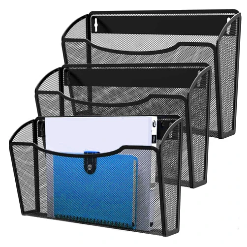 MINDEPOT 3 Pack Mesh Hanging Wall File Holders, Vertical Mounted File Holder, Wall Basket Mail Organizer for Office, Home and School