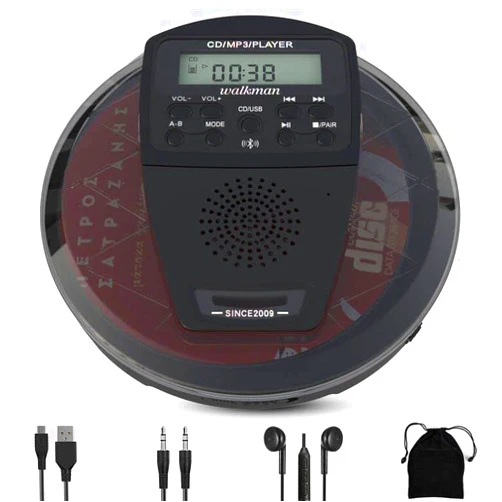 ZUNKOM Rechargeable CD Player Portable with Bluetooth,Compact Anti-Skip Shockproof Walkman CD Player with Earphone, Stereo Speakers&LCD Display for Car/Home/Travel (AUX Output)