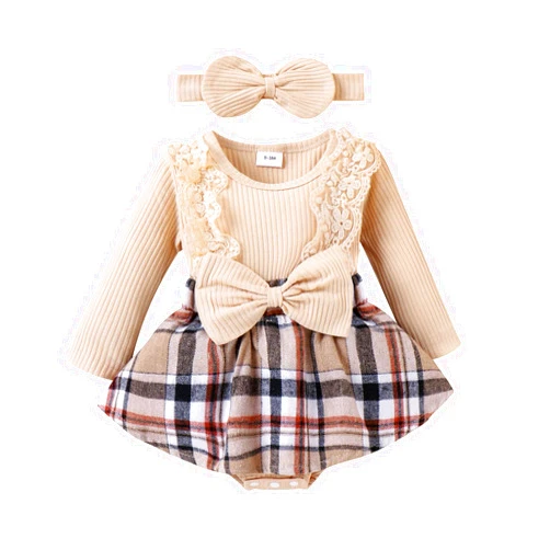 KAFIREN Baby Girl Clothes Fall Winter Outfit Plaid Romper Long Sleeve Dress Lace Ruffles Bodysuit with Bow Headband