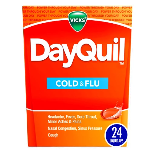 Vicks DayQuil Cold & Flu Medicine, Non-Drowsy Powerful Multi-Symptom Daytime Relief For Headache, Fever, Sore Throat, Minor Aches And Pains, Nasal Congestion, Sinus Pressure and Cough, 24 Liquicaps