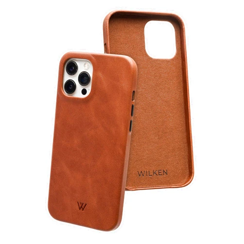 W WILKEN Wilken iPhone Leather Wrapped Case | Compatible with MagSafe and Wireless Charging | Top Grain Leather | Lip Screen Protection | Custom Metal Button Controls (Brown, 13 Mini)