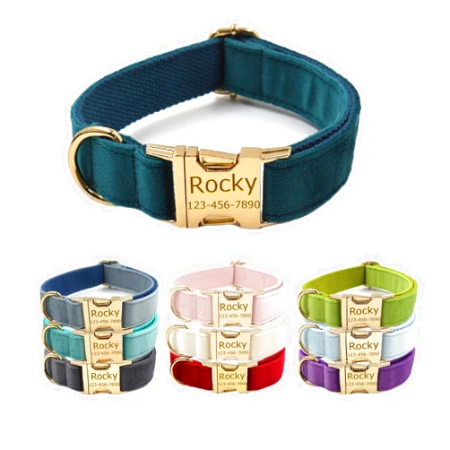 YUNMARY Personalized Velvet Dog Collars with Pet Name Phone Number Engraved, Custom Adjustable Soft Collar with Metal Buckle for Small Medium Large Dogs, Dog Leash and Bow Tie Available -Gem Green
