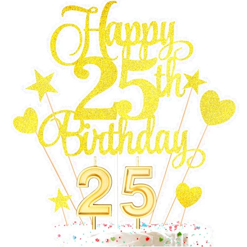 HOGRTi 25th Birthday Cake Decorations Set Include 25th Birthday Candles Numeral 25 Cake Candles and Happy 25th Birthday Cake Toppers with Heart Star Cupcake Picks for Birthday Party (Gold Series)