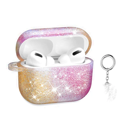 DMMG Airpods Pro Case, DMMG Airpods Case Cover Silicone Skin, AirPods Protective Cute Bling Glitter Case with Fluff Ball Keychain, Scratch Proof and Drop Proof for Apple Airpods Pro (Rainbow)