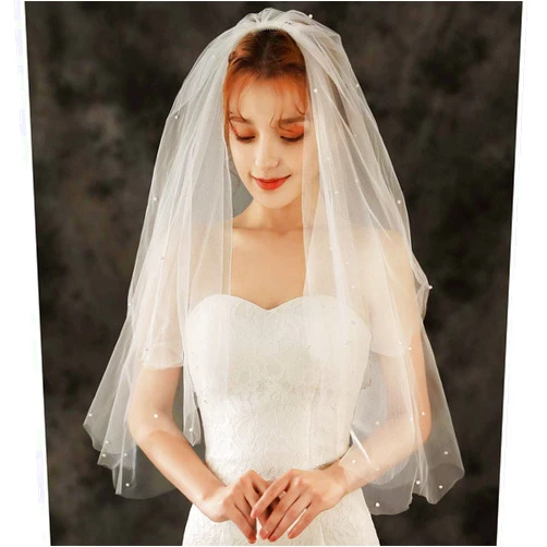 Brinote Pearl Bride Wedding Veil with Comb 2 Tier Short Hip Length Bridal Veils Soft Tulle Hair Accessories for Brides (Ivory)