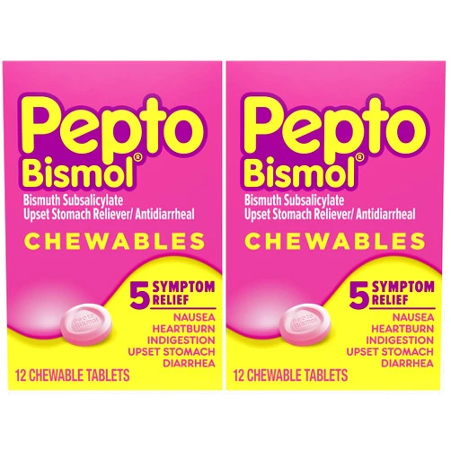 Pepto Bismol Chewable Tablets for Nausea, Heartburn, Indigestion, Upset Stomach, and Diarrhea - 5 Symptom Fast Relief, Original Flavor 12 ct (Pack of 2)