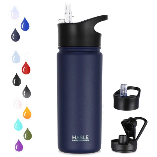 HASLE OUTFITTERS Insulated Water Bottle Kids 16 oz Double Wall Vacuum Stainless Steel Water Bottle Leak Proof for School Wide Mouth with Straw Lid & Spout Lid Keeps Cold and Hot(Navy,1pack)