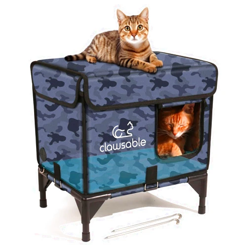 Clawsable 2 in 1 Indestructible Cat House for Outdoor Cats in Winter, Extremely Waterproof, Fully Insulated & Elevated Outside Feral Cat House Shelter for Stray Barn Cat (Camo Black, S)