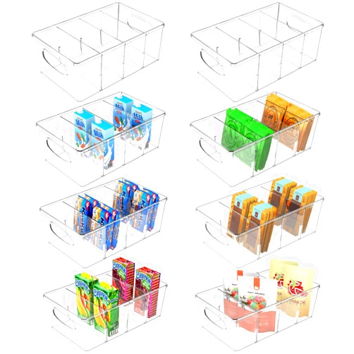 SPACEKEEPER Pantry Organization and Storage Bins 8 Pack Clear Storage Organizer Bins with Removable Dividers, Refrigerator Containers Multi-Use for Kitchen, Cabinet, Countertops
