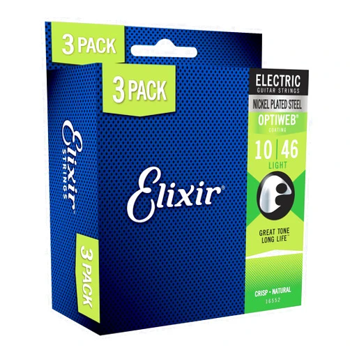 Elixir Strings, Electric Guitar Strings, Nickel Plated Steel with OPTIWEB Coating, Longest-Lasting Crisp Tone with Comfortable Feel, 6 String Set, 3 Pack, Light 10-46