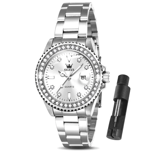 OLEVS Watches Women with Date Silver Stainless Steel Luxury Ladies Watches with Small Writs Diamond Watches for Women Waterproof Elegant Dress Quartz Analog Women's Wrist Watches Reloj de Mujer