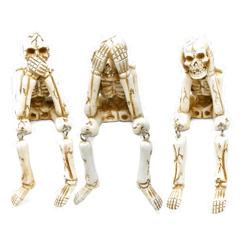 Gift Boutique Halloween Skeleton Statues Figurines Table Decorations Set of 3 Resin See Speak Hear No Evil Skeletons Figurine Shelf Sitters with Dangling Legs Decor