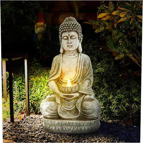 Innamoto Rustic Meditation Buddha Statue Garden Decor with Lotus Solar Lights, Large Resin Zen Garden Sculptures & Statues with Stone Finish for Outdoor Patio Lawn Yard Decorations,11’’ (Gray)