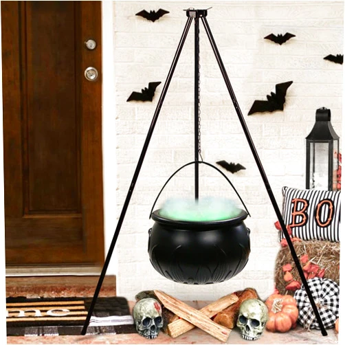 ORIENTAL CHERRY Halloween Decorations Outdoor - Halloween Party Decorations - Large Witches Cauldron on Tripod with Lights - Black Plastic Bowl Decor - Hocus Pocus Candy Bucket Decoration for Home Porch Outside