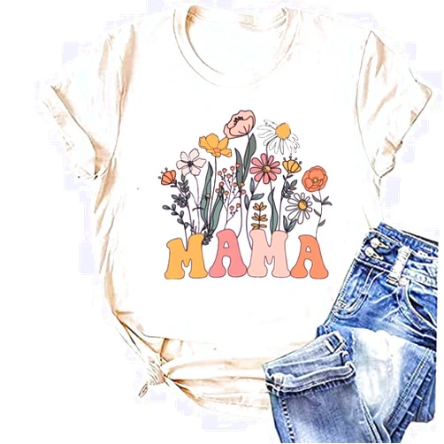 Ovazly Mama Floral Shirt for Women Mom Vintage Boho Wild Flowers Graphic Cottagecore Gardening Tops Mother's Day Tee
