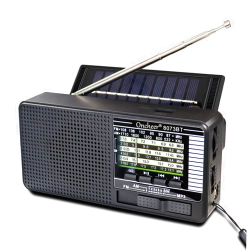 ONCHEER Portable FM/AM/SW Radio, Build-in Bluetooth Speaker, Powered by Rechargeable Battery with Solar Panel for Charging, Emergency LED Light, Stretch Antenna, Support TF Card USB Mp3 Player