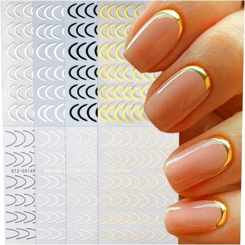 SUTOZMIWE 8 Pieces French Tip Line Nail Art Stickers 3D Simple Lines Nail Stickers Black White Gold Silver Metal Stripes Adhesive Decals Curved Gel Nail Art Polish Sliders Manicure Foils Decor Accessories
