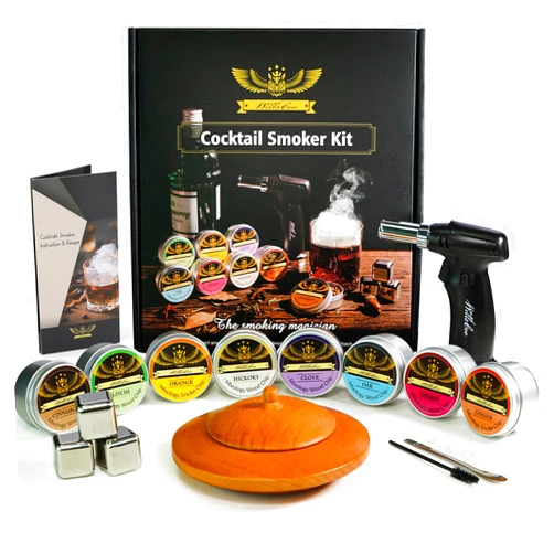 WillsCoo Cocktail Smoker Kit with Torch for Whiskey & Bourbon, DIY KIT for Old Fashioned Smoking Drink, 8 Types Flavor(Orange/Cinnamon/Ginger/Clove/Oak/Cherry/Hickory/Litchi) Birthday Gifts for Men