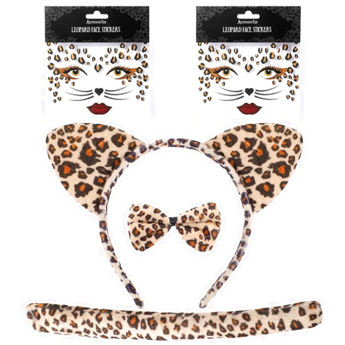 Janinka Leopard Cat Costume Set Dalmatian Dog Ears Headband Cheetah Puppy Tail Bow Tie Face Stickers for Cosplay