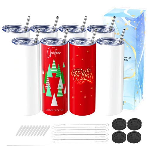 Hiipoo 8 Pack Sublimation Tumblers bulk 20 oz Straight Skinny with Sublimation Papers, Lids and Straws, Shrink Wrap, Sublimation Tumbler Cups for Tumbler Heat Press and Heat Transfer