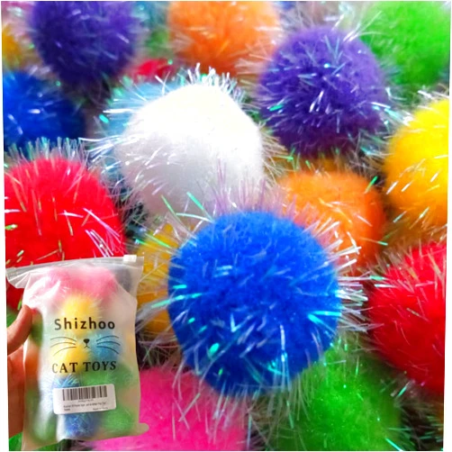 Shizhoo 30 Pieces Sparkle Pom Pom Balls for Cat - Interactive Glitter Balls, Multicolor, Size of 1.2 inches, Best as Kitten Play Toys…