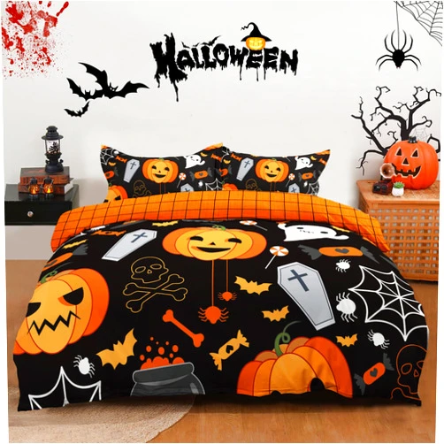 Xruibed Halloween Duvet Cover King Size, Skull Pumpkin Black Bedding Set Holiday Decor Reversible Halloween Comforter Cover Set with Pillowcases 3PCs Halloween Duvet Cover Set for Kids Teens (King 104