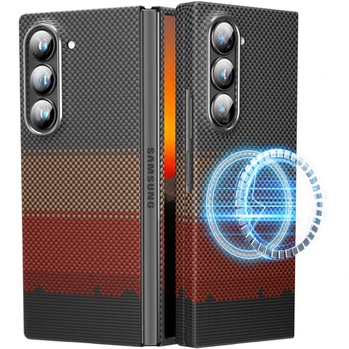 memumi Magnetic Carbon Fiber Case for Samsung Galaxy Z Fold 6 7.6inch 2024, Compatible with Mag-Safe, Aramid Fiber Case Afterglow Series, Rays of The Setting Sun