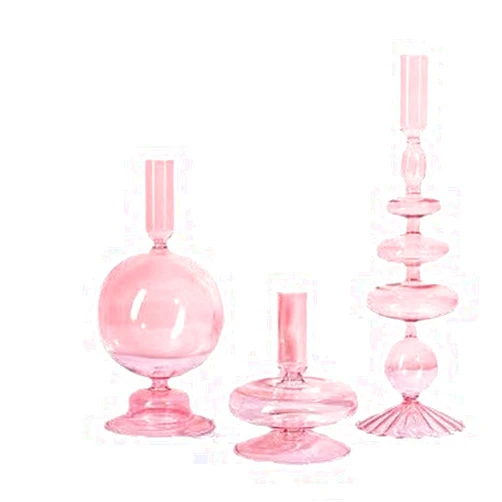 BestAlice 3 Pcs Glass Candlestick Holders Glass Taper Candle Holders Candlestick Wavy Glass Candlestick Holders Elegant Glass Candlestick Nordic Glass Vases for Home Party Decoration(Pink)