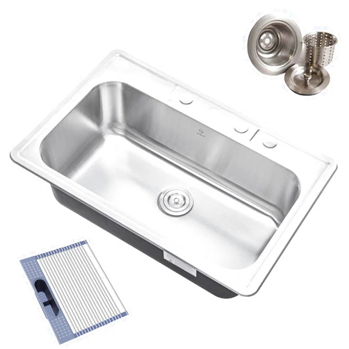 COZY COZYBLOCK CozyBlock 33 x 22 x 9 Inch Top-mount/Drop-in Stainless Steel Single Bowl Kitchen Sink with Strainer and Dishrack - 18 Gauge Stainless Steel-4 Faucet Hole