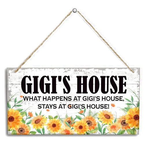 HALUOSI Vintage Gigi's House What Happens at Gigi's House, Stays at Gigi's House Wood Decor Sign, Hanging Printed Wooden Plaque Decor, Rustic Home Decor Sign, Gigi Decor, Gift for Grandma 12x6 inch
