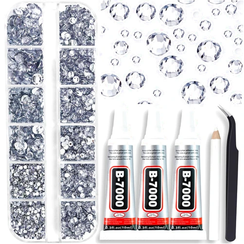 Towenm B7000 Clear Glue with 4000PCS Silver Clear Rhinestones for Crafts Clothing Fabric Shoes, Glue Fix Flatback Gems for Nails Face Jewelry, Mixed 5 Sizes 2mm 3mm 4mm 5mm 6mm Gemstones Bejeweled Kit
