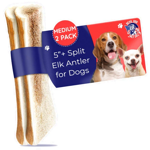 Devil Dog Pet Co. Split Elk Antlers for Dogs, 2 Pack, Medium 5”+, Grade A Long Lasting Dog Bones for Aggressive Chewers, Premium USA Naturally Shed Antler Dog Chew – No Odor, Dog Antler Chews