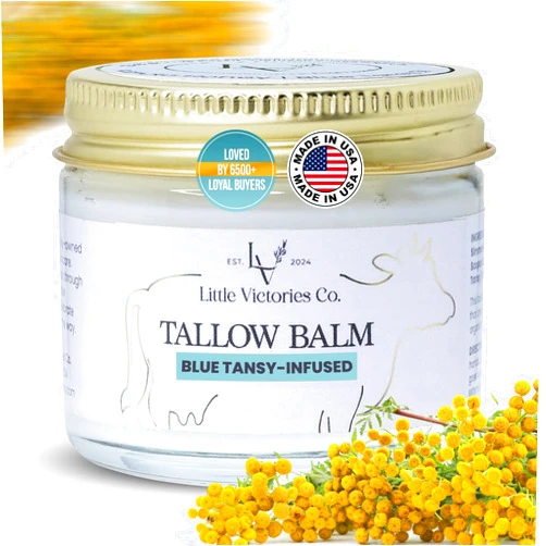 Little Victories Co. 2.0 floz Beef Tallow for Skin Care - Organic Beef Tallow for Face+Body Moisturizer - Grass Fed Tallow & Manuka Honey Balm Ideal for Eczema, Stretch Marks, Redness, Itchy Skin - Blue Tansy (US-Made)