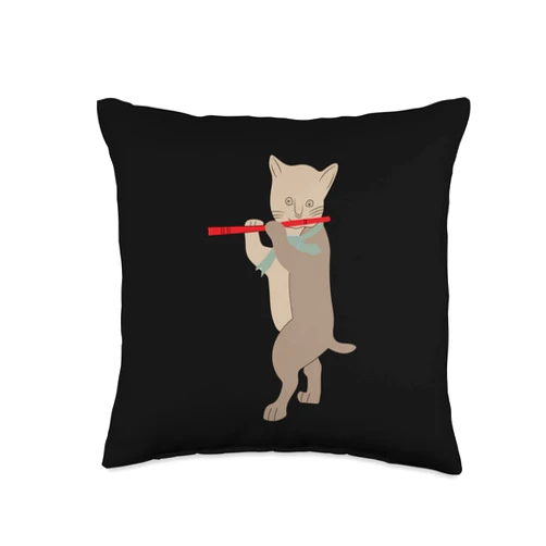 Gifts for Flutist Accessoires & Stuff Funny Cat-Flute Throw Pillow, 16x16, Multicolor