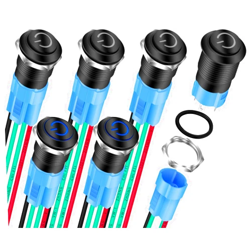 DaierTek 6pcs 12V Latching Push Button Switch LED Blue 12mm Power Button Waterproof ON Off Maintained 12 Volt Small Round Metal Black Wired for Marine Car Truck