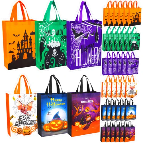 Sanwuta 48 Pcs Halloween Tote Bags Gift Bags 14.9 x 11.8 Large Trick or Treat Bags Halloween Reusable Non Woven Candy Bags Treat Goodies Bags for Halloween Party Supplies(Mixed,Colorful)
