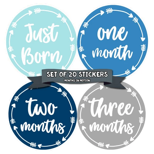 Months In Motion Baby Monthly Stickers - Baby Milestone Stickers - Newborn Boy Stickers - Month Stickers for Baby Boy - Baby Boy Stickers - Newborn Monthly Milestone Stickers - Set of 20