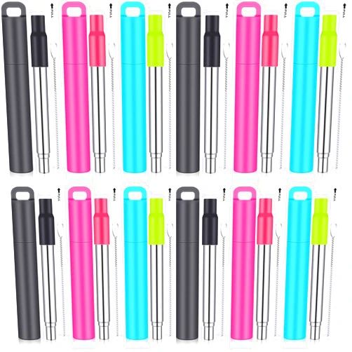 Gejoy 12 Pack Metal Reusable Straw Drinking Collapsible Foldable Stainless Steel Straw with Plastic Case Silicone Tip and Cleaning Brush Long Telescopic Portable Travel Straw for Work