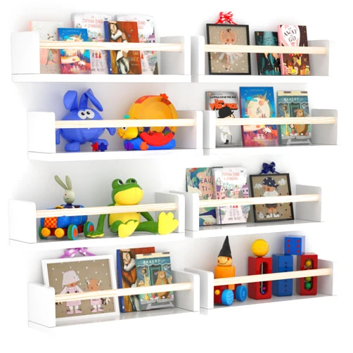 Esonal Wooden Wall Shelves for Nursery, Baby Book Shelf for Nursery,16 Inch Wall Mounted Bookshelf for Kids Room Decor, Floating Shelves for Kitchen Spice Rack Set of 8 (White, 8PCS)