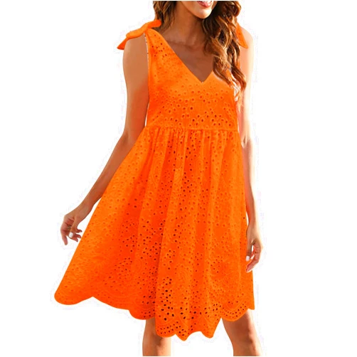 HYUIYYEAA Lace Jacquard Solid Color Pocket Loose Dress V Neck Plus Size Casual Dress Women Hollow Out Summer Mini Dresses